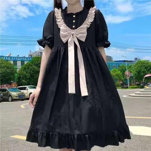 Japanese Women Loose Gothic Ruffles Cosplay Lolita Party Dress Kawaii Collored Vintage Dress Cute Lolita Dress Black and Red