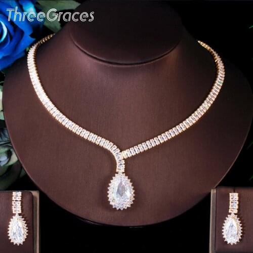 ThreeGraces Shiny Cubic Zirconia Big Waterdrop Dangle Earrings and Necklace Gold Color Wedding Party Jewelry Set for Bride TZ602