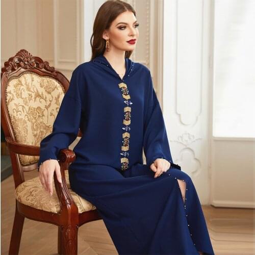 Tibetan blue gold tube Moroccan style Middle Eastern light luxury hand-sewn diamond robe abaya Muslim womens clothing