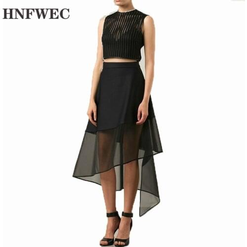 2020 new summer fashion high waist asymmetrical mesh patchwork black color run way styles halfbody skirt female K323