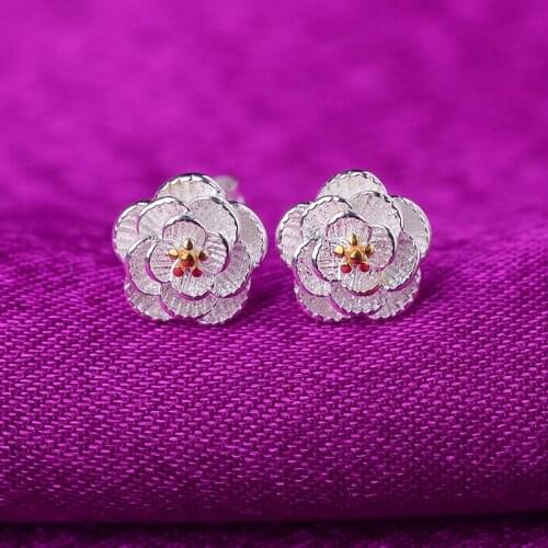 925 Sterling Silver Rose Flower Stud Earrings For Women Wedding Jewelry Female pendientes mujer moda aretes de mujer eh011