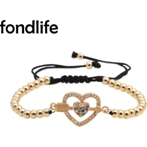 Multicolor Cubic Zirconia Stone Arrow Pierced Peach Love Heart Charm Bracelet Women 4mm Copper Beads Cupid Match-Up Jewelry Gift