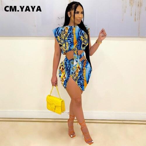 CM.YAYA Women Set Print Sleeveless O-neck Crop Tops Asymmetrical Mini Skirts Two 2 Piece Sets Sexy Night Fashion Outfit Summer