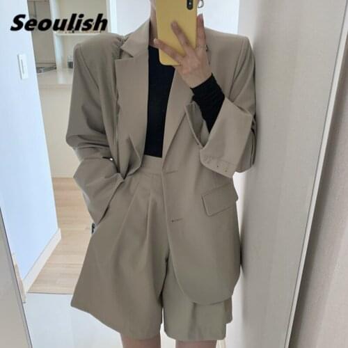 Seoulish 2021 New Spring Summer 2 pieces Womens Shorts Suits Pocket Loose Blazer Jacket & Chic Shorts Female Office Ladies Sets