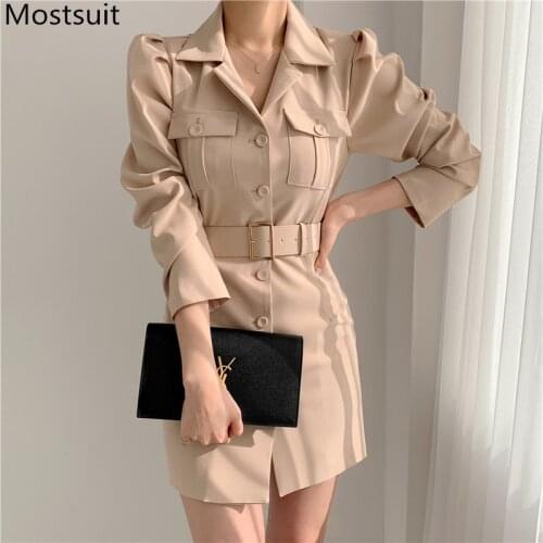 Stylish Single Breasted Women Dress Full Sleeve Noched Collar Belted Mini Dresses Korean Office Ladies Fashion Vestidos 2021