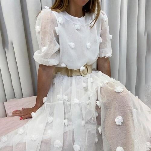 Womens Chiffon Appliques Midi Dress Casual O-Neck Lantern Sleeve Female White Dresses 2021 Summer Lady Elegant Pure Vestido