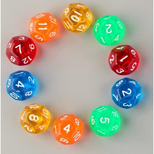 5pcs/set Clear 5 colors D12 Acrylic Dice with number 1-12 Gaming Color Dices For Board Games Count Tools