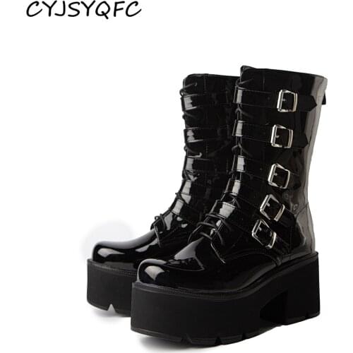 CYJSYQFC Women Mid-Calf Boots Patent Leather Belt Buckle Back Zipper Thick Sole Ladies Motorcycle Boots Punk Goth Demonia Boots