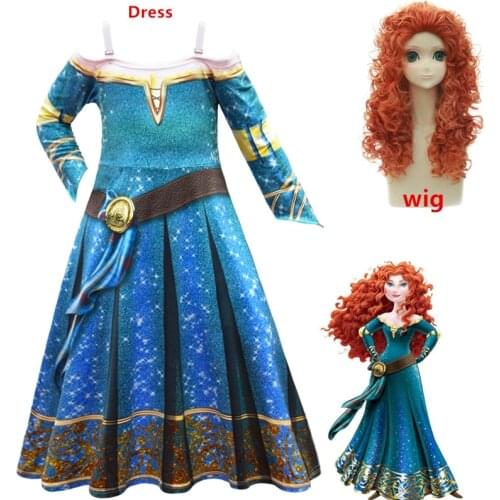 Spring Autumn Winter Long sleeve Fantasia Merida Princess Gothic Dress wig Kids Halloween Child Lolita Girl Carnival Costume