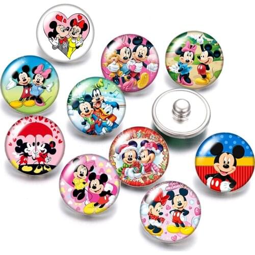 Disney Mickey Minnie Mouse Cute 10pcs Round photo glass cabochon 18mm snap buttons for 18mm snap bracelets jewelry wholesale