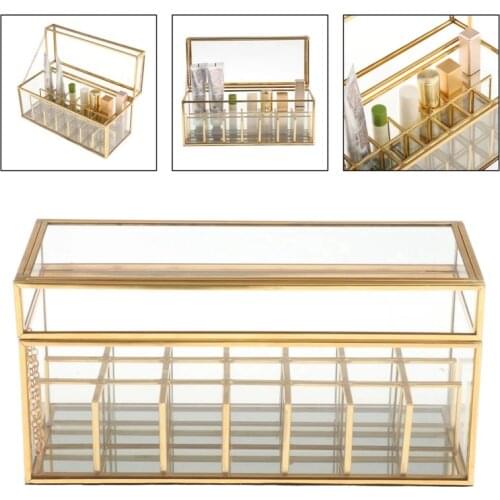 HGHO 21 Slots Lipstick Holder Jewelry Organizer Transparent Glass Ring Box Wedding Ring Box Geometric Clear Jewelry Box