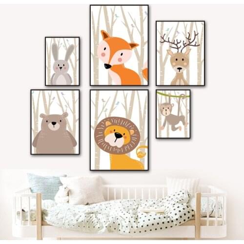 Bear Lion Deer Rabbit Forest Canvas Painting Wall Art Nordic Posters and Prints Wall Pictures for Living Children Room Decor
