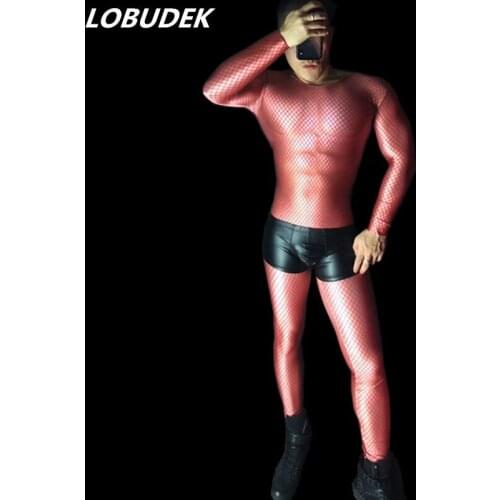 Men Nightclub Clothing Spandex Mesh Printed Stretch Jumpsuit Bar Party DJ Singer Show Pole Dancing Performance Stage Costume