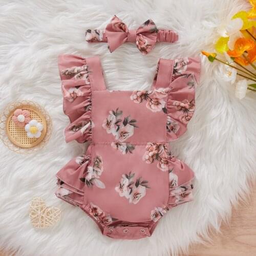 0-24M Summer Girls Clothes Set Floral Print Romper Newborn Baby Ruffles Bodysuits+Headband Set Outfits