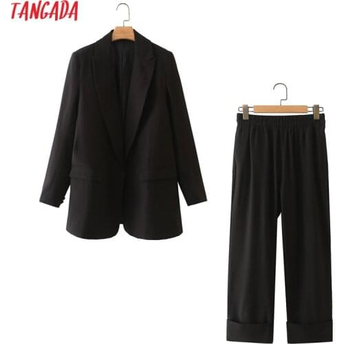 Tangada Womens Set Solid Black Blazer Pants Set 2021 Fashion Suit 2 Piece Set Coat and Pants DA131
