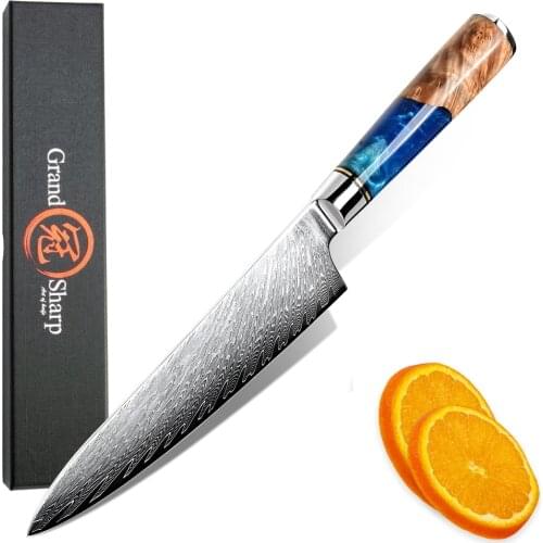 GRANDSHARP Kitchen Knives Damascus Steel 67 Layers VG10 Japanese Chef Knife Blue Resin Color Wood Handle Premium Cooking Tools