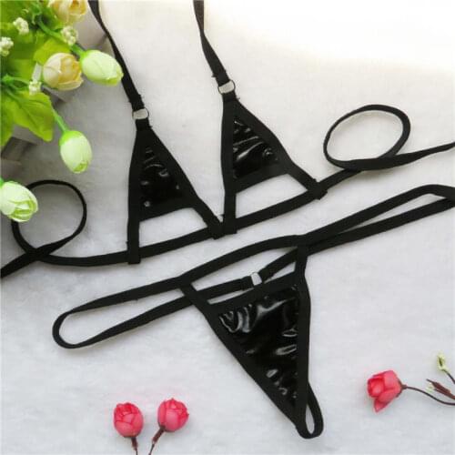 Micro bikini Sexy swimwear women swimsuit women biquini mini bikinis Bright patent leather Solid color Hollow out Triangle Thong