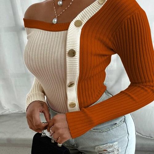 Fashion Irregular Neck Casual Colorblock Buttoned Knit Long Sleeve Pullover Sweater Winter Trending Women Sequins Glitter Top