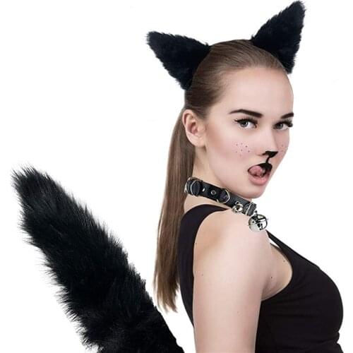 New Kids/Adult Wolf Fox Tail Clip Ears And Bell Neck Chocker Set For Halloween Party Cosplay Costume Accessories
