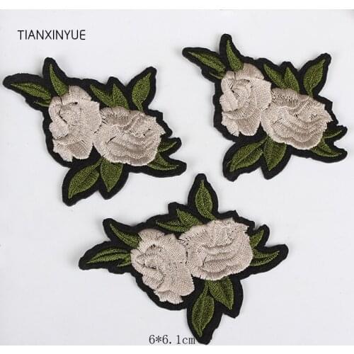TIANXINYUE 20pcs beige Rose flower Patch Applique Fabric Sticker Iron On Patch Craft Sewing on Embroidered Clothing