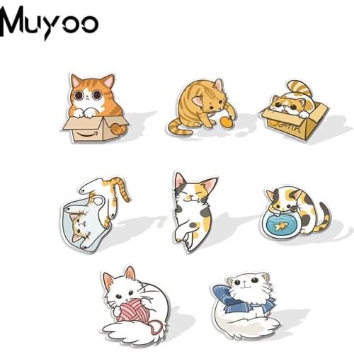 2021 New Kawaii Funny Kitten Love Fish Lovely Cat in the Box Handmade Epoxy Acrylic Lapel Pins Clothing Pins
