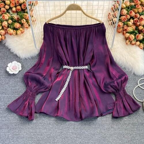 Autumn NEW Chic Elastic Slash Neck Women Chiffon Tops Shiny Silky Blouse Top with Pearls Belt
