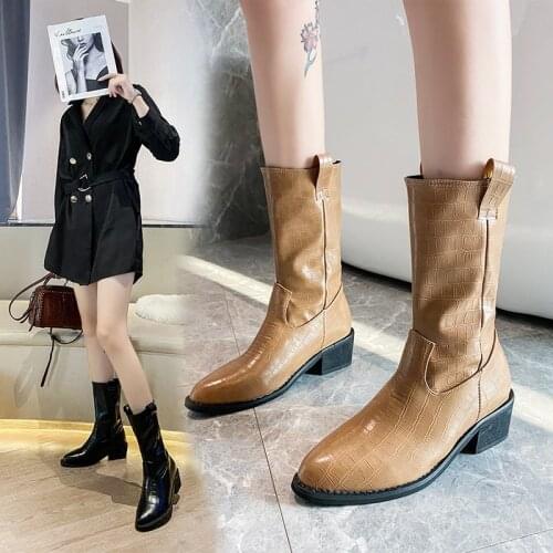 New winter sexy thick-heeled slip-on fashion chic motorcycle boots mid-calf square heel cotton high-heeled boots plus size 35-43
