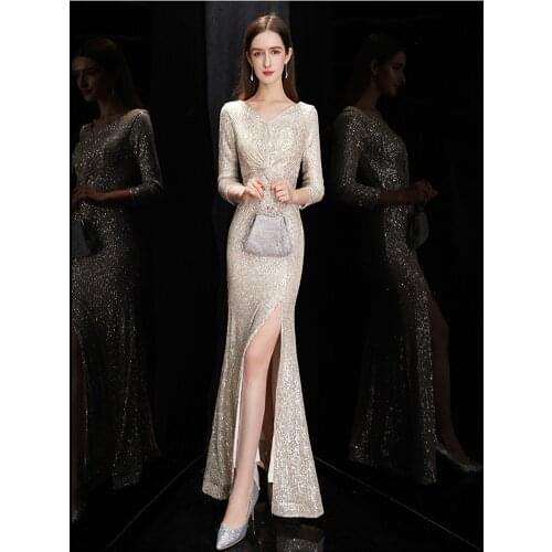 3/4 Sleeve V-Neck Evening Dress Elegant Abendkleider Robe De Soiree Light Champagne Sequin Mermaid Evening Dresses Long Dress
