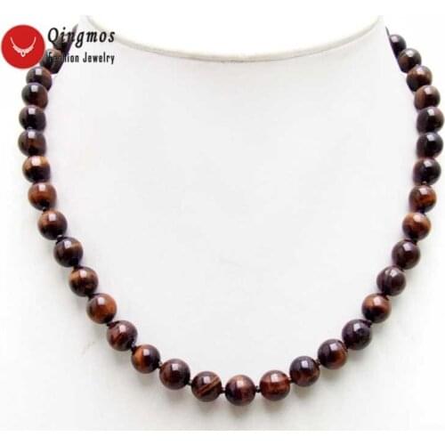 Qingmos 8mm Round Natural Red Tigers Eye Stone Necklace for Women with Genuine Stone Chokers 17" Jewelry Colar Collier nec6015