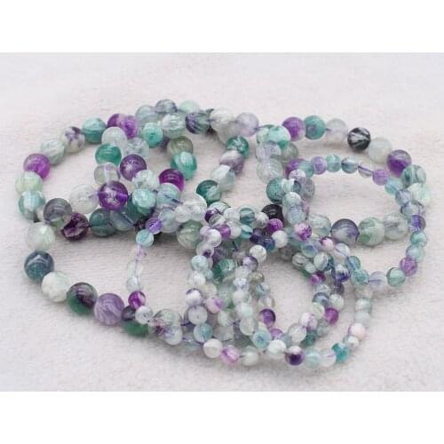 6-12mm Natural Crystal Rainbow Feather Fluorescen Round AAA Gem stone Beads Stretchable Bracelet -8"