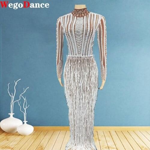 Silver Rhinestone Pearl Fringe Long Dress Birthday Celebrate Transparent Outfit Women Dancer Prom Club