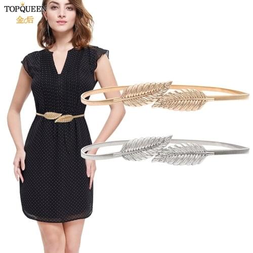 TOPQUEEN Elastic Women Belts Gold Silver Chain Waist Belts Metal Plate Female Dress Belts High Quality Thin Stretch Belts S448
