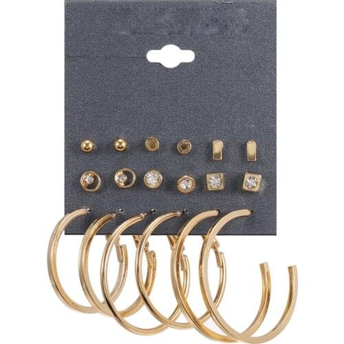 Vintage C Shape Circle Round Earrings Set for Womens Fashion 9pair/Sets Crystal Charm Gold Stud Earrings Party Jewelry Brincos