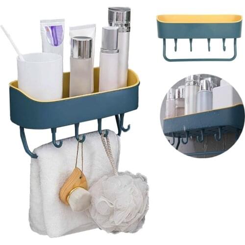 Bathroom Wall Storage Basket Shower Corner Shelf Suction Storage Rack Towel Bar Robe Hooks Wall Mounted Basket Shampoo Holder