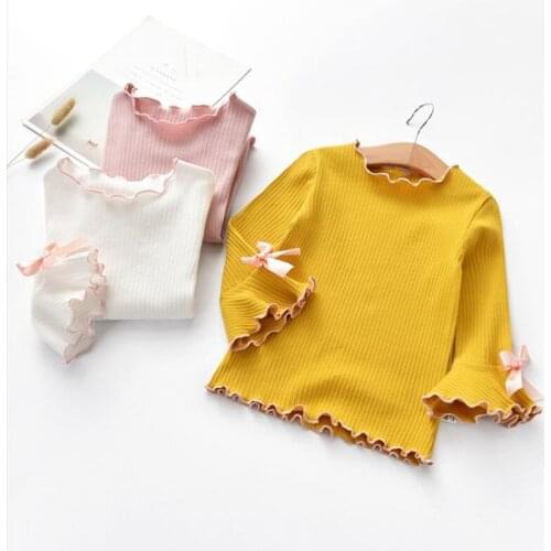 2018 Fall Spring Base Shirt Girls Shirts Kids Children Long Sleeve Ruffles Bow Girl Tops And Blouse Baby Toddler Clothes JW3373
