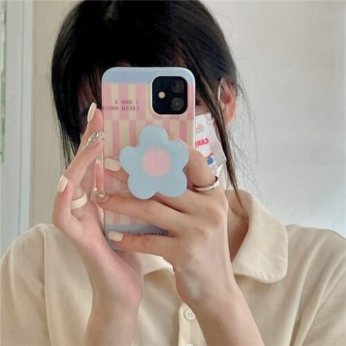 INS Korean Blue Pink Lattice Flowers Bracket Soft Phone Case For iPhone 7 8P X XR XS 11 12ProMax SE Lovely Protection Back Cover