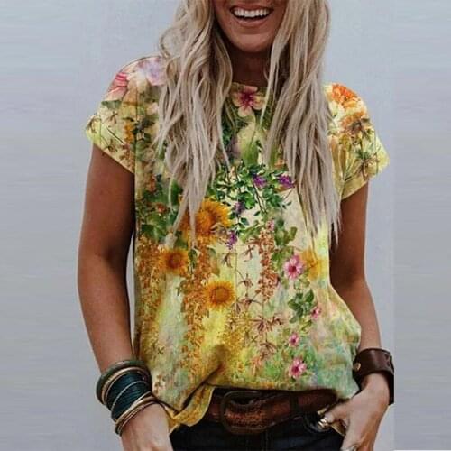 2021 Summer Fashion New Women T-Shirt Casual O-Neck Loose Ladies Pullover T-Shirt Elegant Flower Printed Female T-Shirt