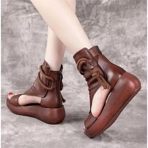 2021 Fish Mouth High Quality Soft PU Leather And Cowhide Summer Roman Shoes Women Sandals Platform Heighten Shoe Wedges Sandals