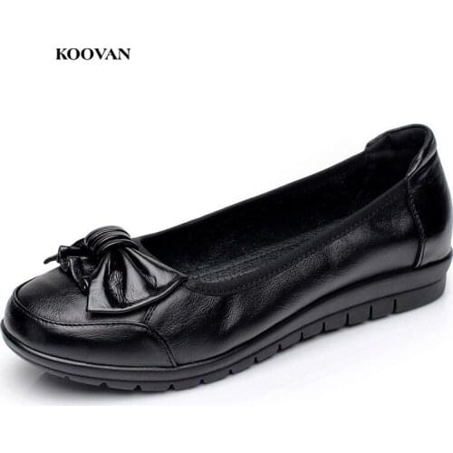 Koovan Women Shoes 2018 Spring Autumn Flat Woman Shoes Middle-aged Cowhide Genuine Leather Soft Bottom Shoes Flats Mama Bow