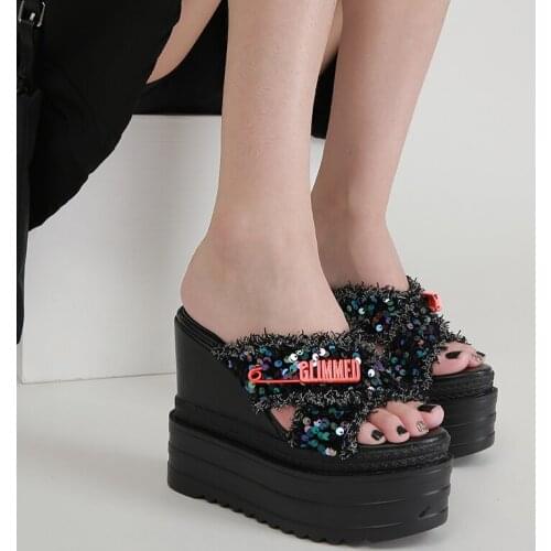 Woman Shoes Women Platform Mules Slippers Beach Slides Newest Drop Ship Crystals Wedges High Heels Leisure Summer Sandal