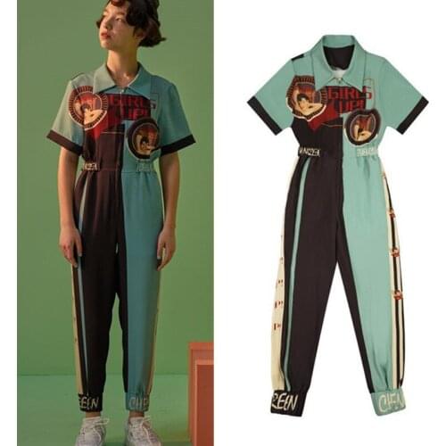 Designer runway jumpsuit female spring and summer high street green short-sleeved jumpsuit retro stitching printed trousers NZ68