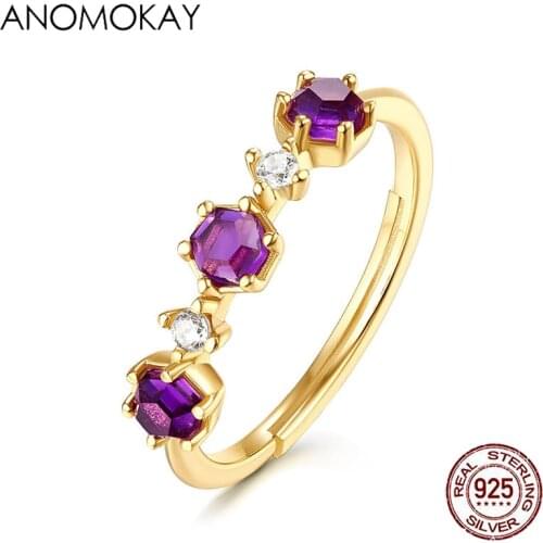 Anomokay Luxury Purple CZ Resizable Women Rings Gold Color Sterling 925 Silver Ring Fashion Jewelry Gift