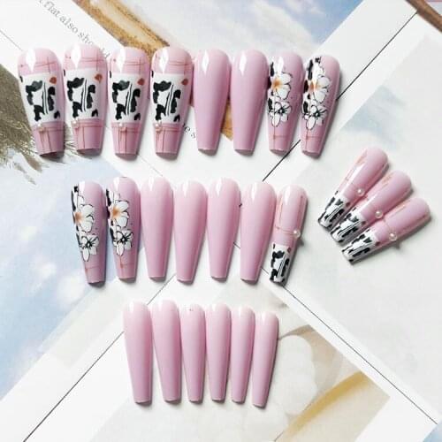 24Pcs Flower Printed Pink Fake Nails DIY Slider Glue Type Removable Coffin Long Paragraph Fashion Manicure Set Nail Art Tools