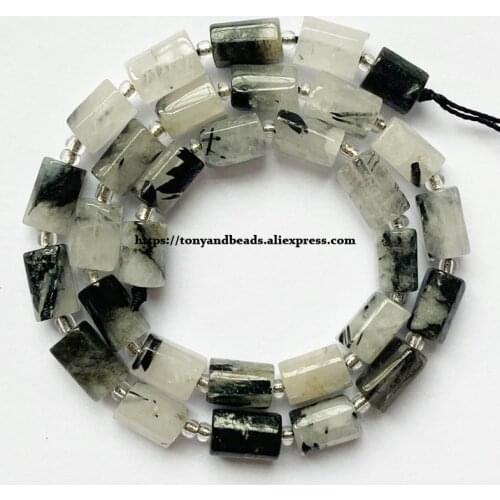 7'' Natural Faceted Black Rutilated Quartz Cylinder Spacer Stone Beads For Jewelry DIY Making
