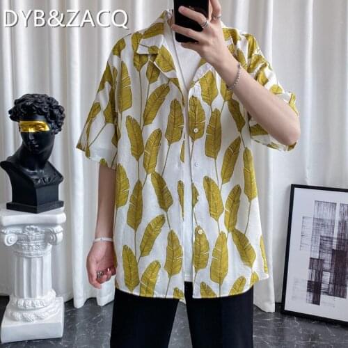 DYB&ZACQ Hong Kong Wind Leaf Print Shirt Mens Summer Short Sleeve Loose Large Size Beach Shirt Fashion Thin Sunscreen Coat 3XL