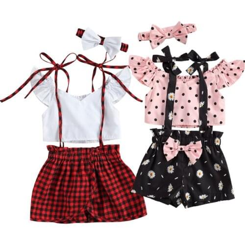 FOCUSNORM 1-6Y Lovely Kids Girls Clothes Sets 3pcs Dot Off Shoulder T Shirts Tops Plaid/Floral Overalls Shorts Headband