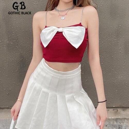 Gothblack Elegant Women Splice Bow Slim Camisole Fashion Bodycon Backless Chain Spaghetti Straps Crop Top Chic Casual Tank Tops
