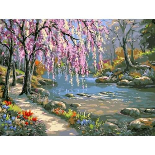 Painting By Numbers DIY Dropshipping 50x65 60x75cm Pink romance and creek Scenery Canvas Wedding Decoration Art picture Gift