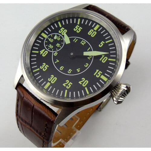 Classic 43mm Bronze Mechanical Hand Winding Men Wristwatch Sapphire Glass 6497 Movement Leather Strap