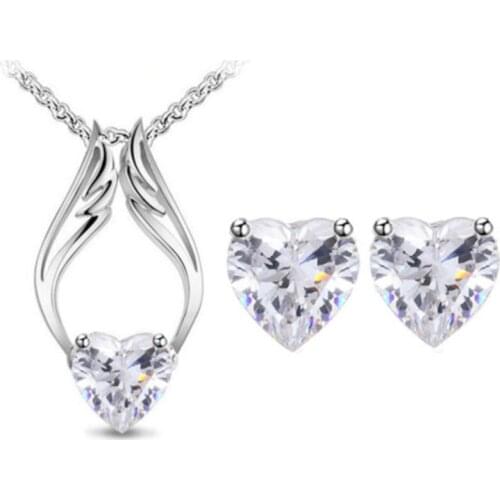 AAAA+ Zircon heart angel wings Pendant Necklaces Earrings fashion jewelry sets top quality women accessories dropshipping